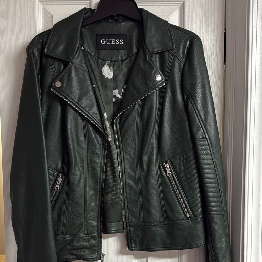 NWT!  Guess Green Faux Leather Jacket, Moto Style, Size XL